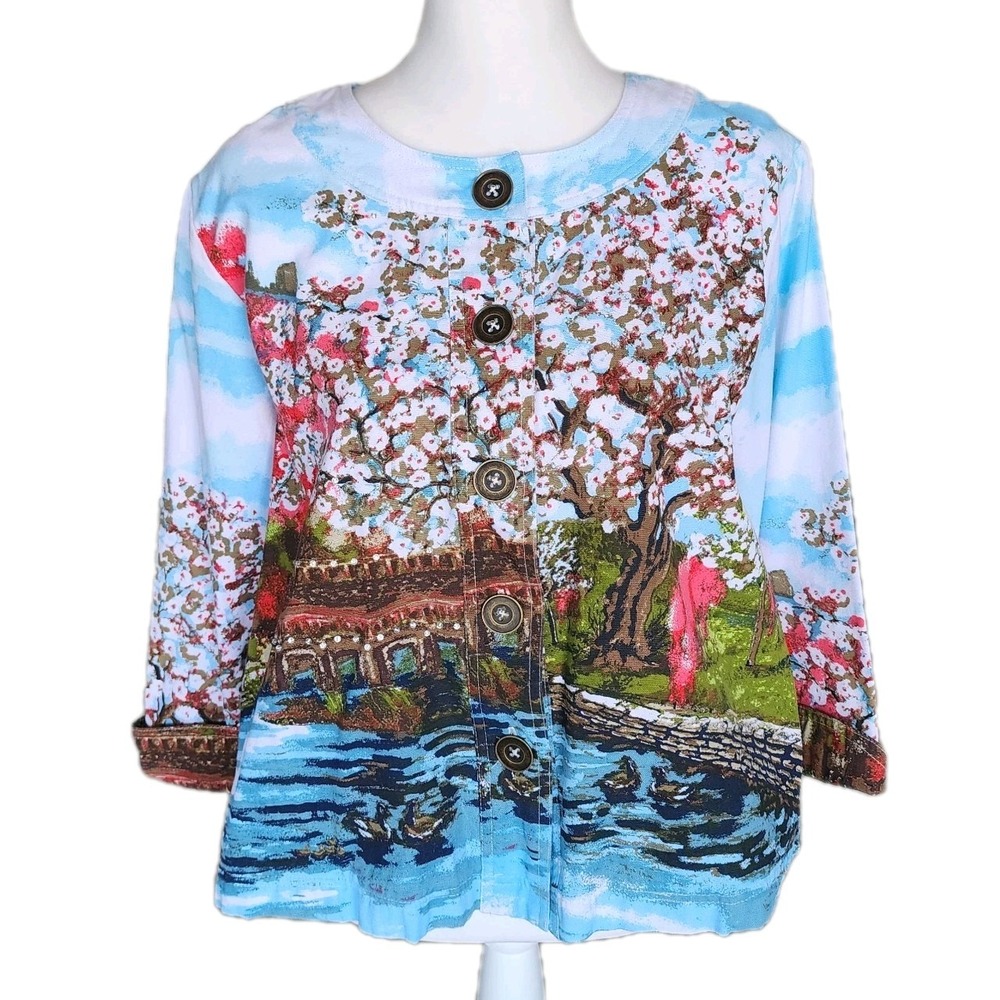 Ms. G Wear Jacket Womens Medium Cotton Artsy Scenic Rhinestone Pockets Boho Chic